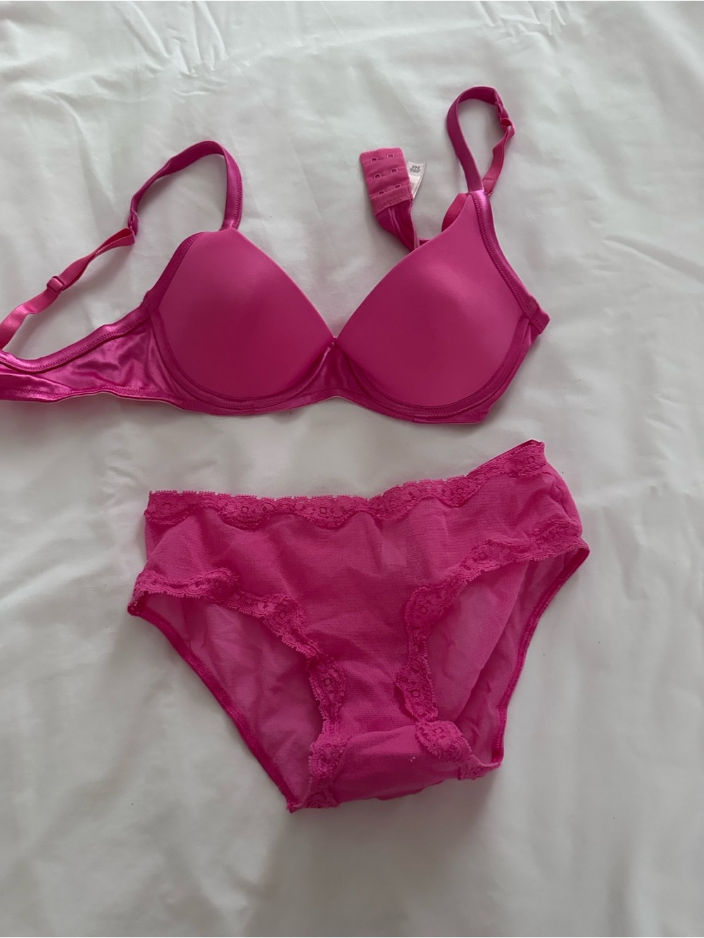 PINK Victoria's Secret Hot Pink Lace-Trim Bra & Bikini Set
